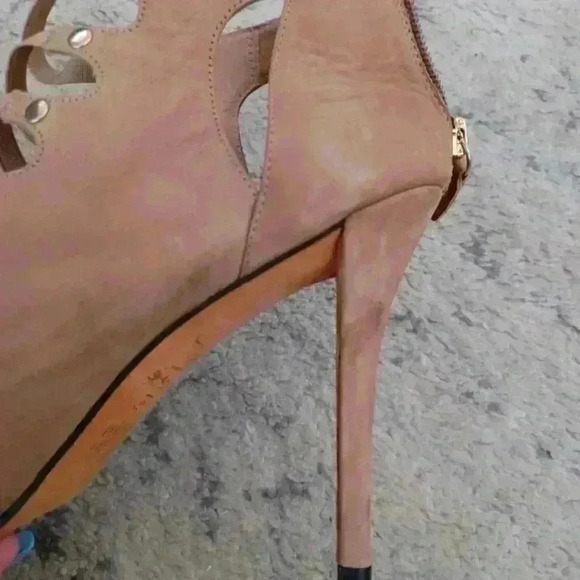 Stuart Weitzman Women's Tan Elastic Strap Cage Heels 10 - Picture 14 of 16